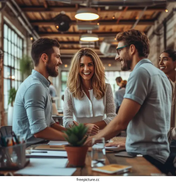 a group of people having a meeting in an office