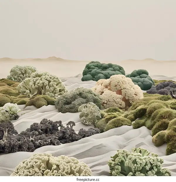 Abstract Art with Green Broccoli and White Sand