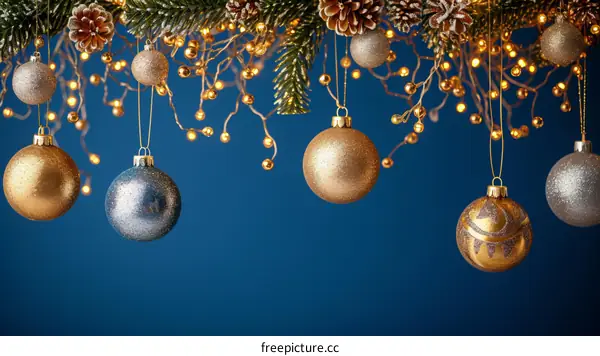 Christmas ornaments hanging on a branch of a Christmas tree with fairy lights