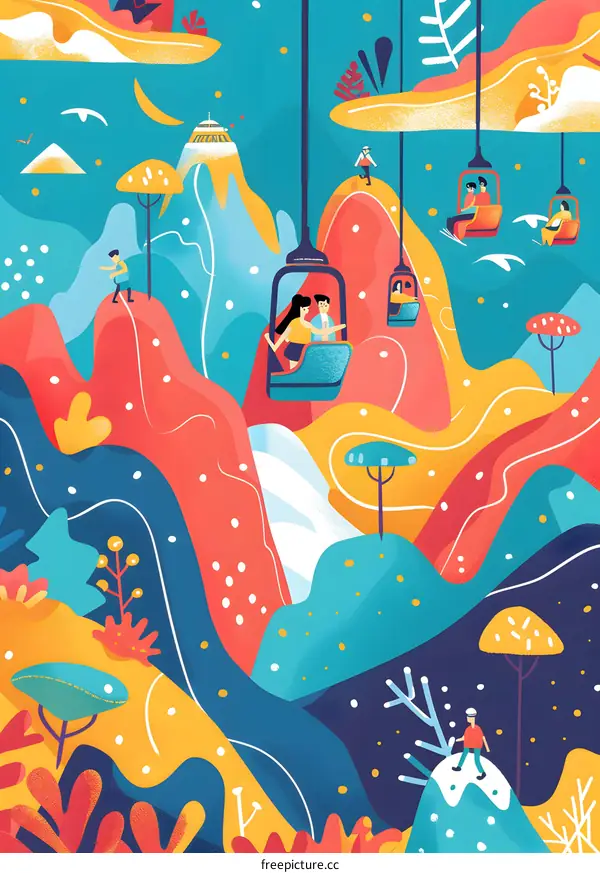 Colorful Mountain Illustration with People Riding Cable Cars