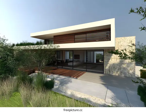 Modern House Design with Large Windows and Stone Wall