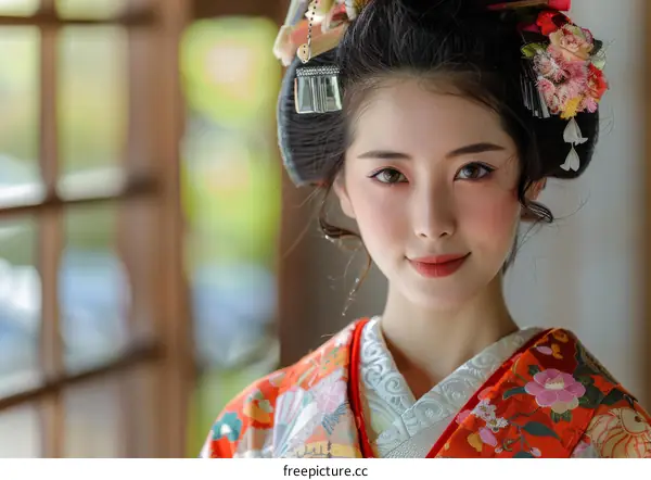 Portrait of a beautiful Japanese woman in traditional kimono