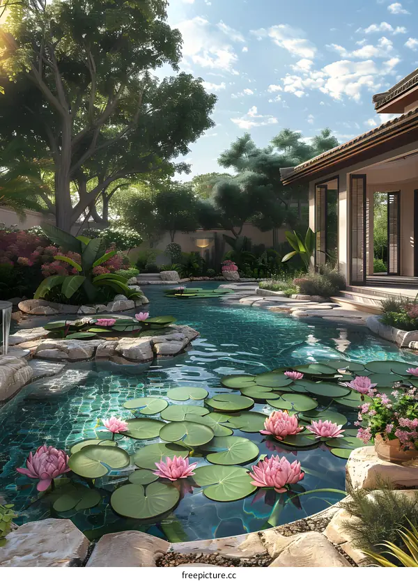 A beautiful swimming pool in a lush garden