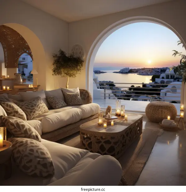 Modern coastal living room with sunset sea view