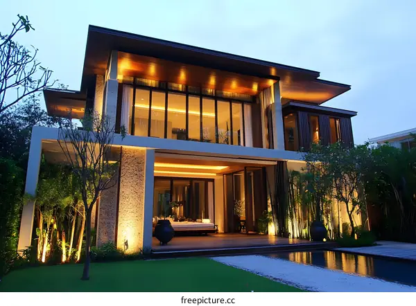 Modern House with Garden and Pool at Dusk