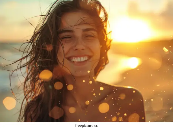 portrait of a beautiful smiling woman with freckles on her face