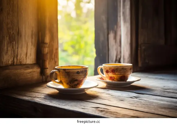 Two Floral Ceramic Cups on a Wooden Table