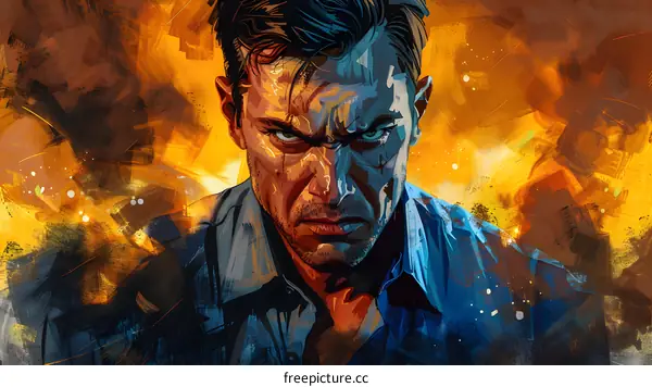 A man with a gun standing in front of a burning building