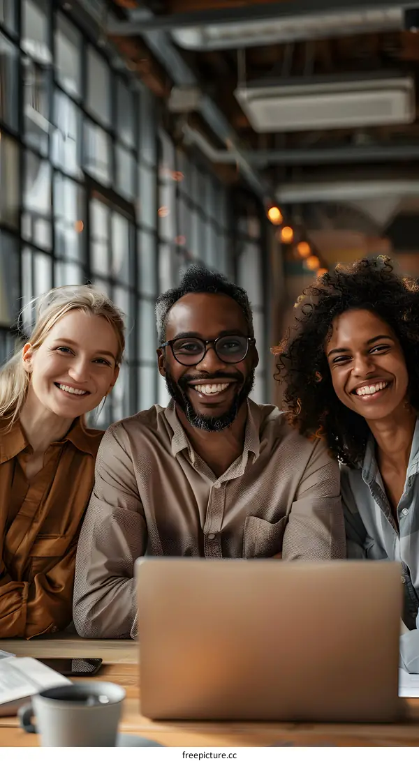 Portrait of three smiling business people in a modern office