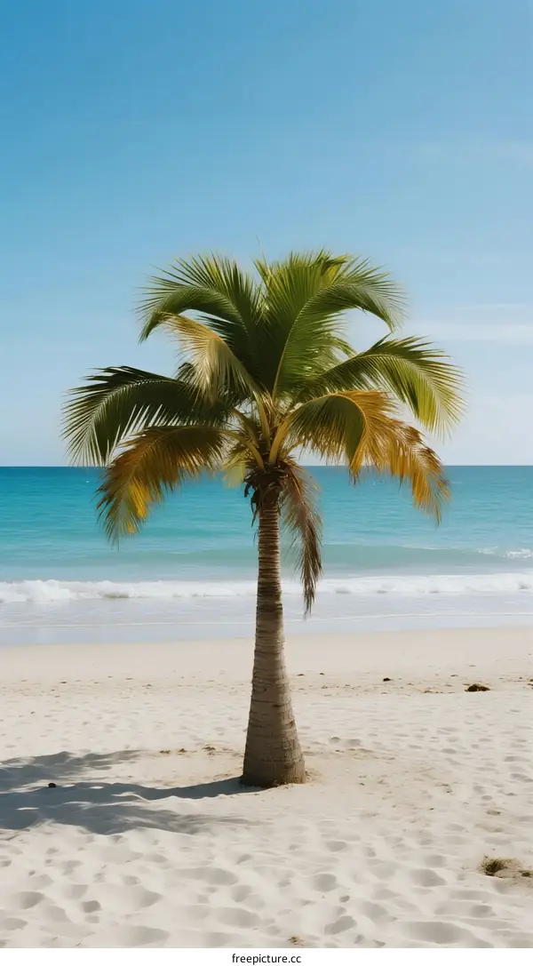 Palm Tree Standing Alone on a Sandy Beach with Clear Blue Water