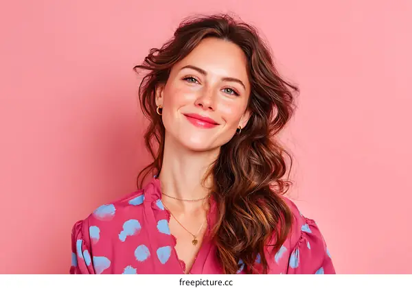 Smiling Woman in Pink Polka Dot Blouse
