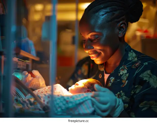 Black female doctor smiling at newborn baby in incubator