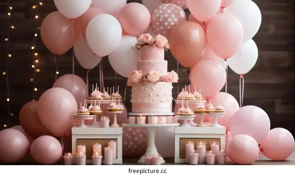 Pink and white balloons and a cake with pink and white flowers