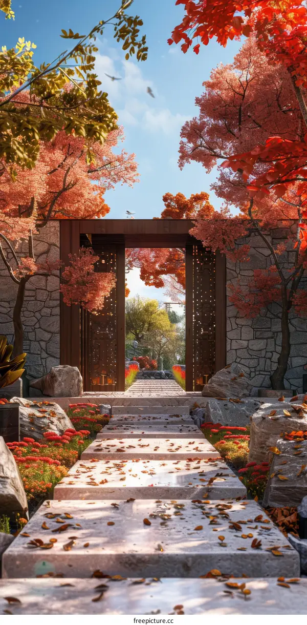 Autumn Pathway Through Colorful Trees and Stone Wall