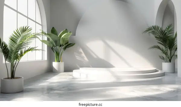 Minimalist White Room with Arch Design and Potted Plants