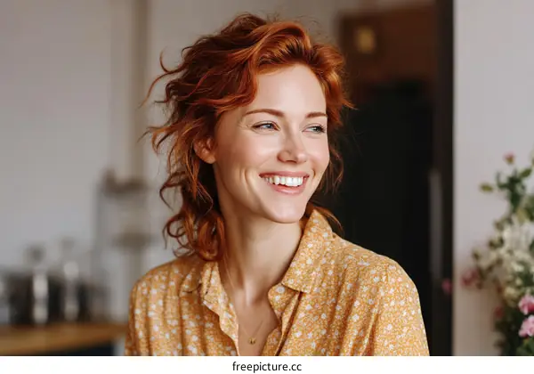 Smiling Woman with Red Hair in a Yellow Shirt
