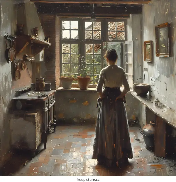 A woman standing in a kitchen looking out the window