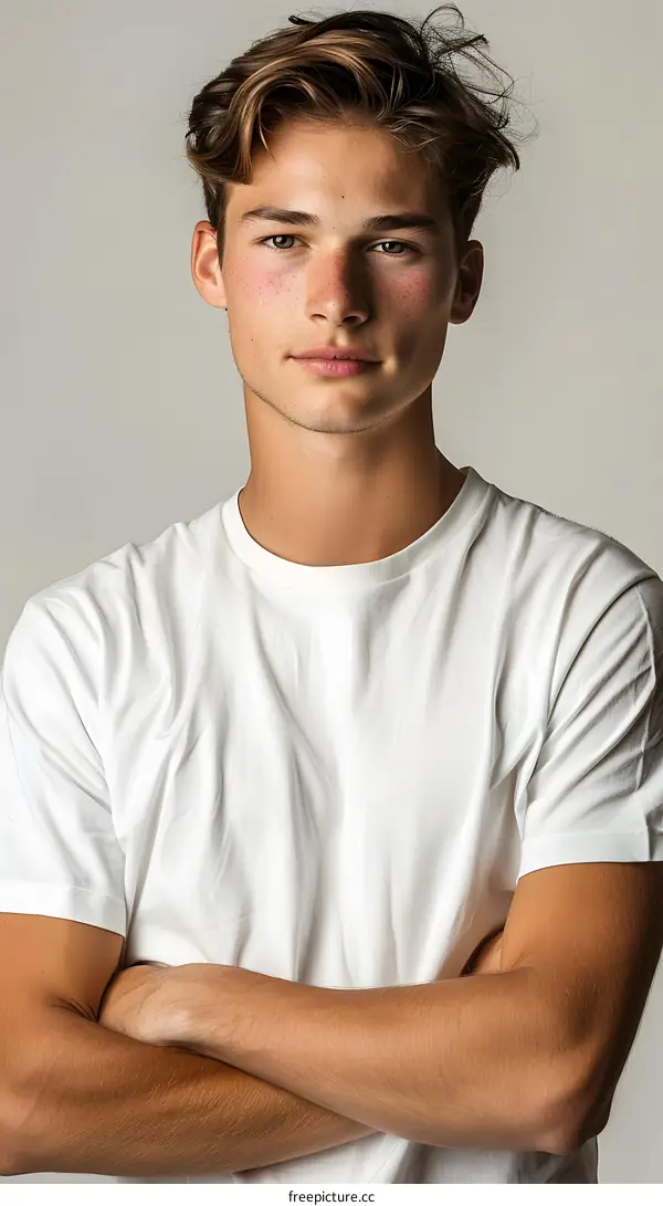 Portrait of Young Man with White T-shirt and Freckles