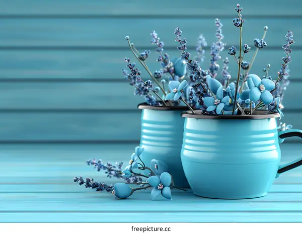 Blue Flowers in Blue Cups on Blue Wooden Background