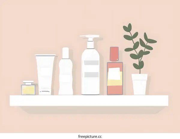 Minimalist Illustration of Bathroom Shelf with Products and Plant