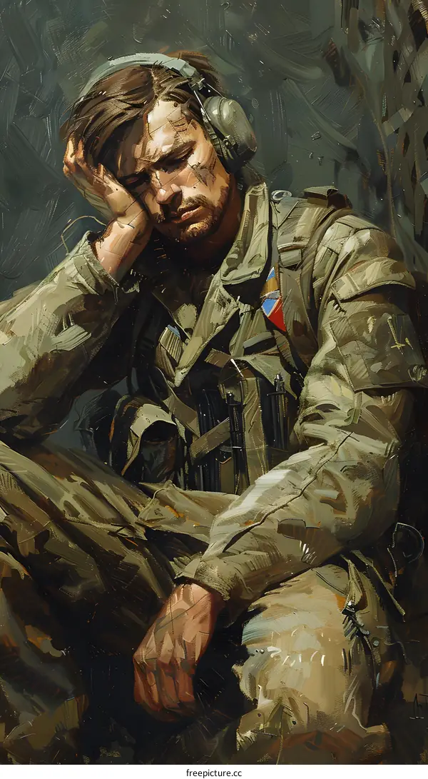 A soldier wearing headphones sits on a rock with his hand on his head