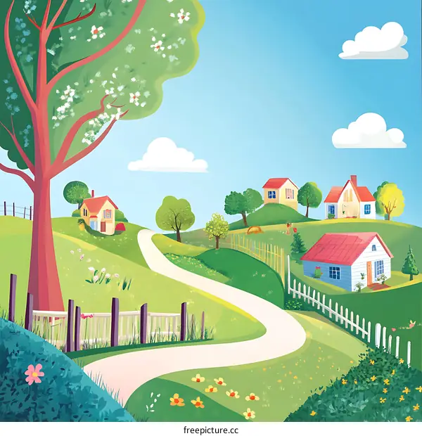 Cartoon Illustration of a Colorful Spring Village with Winding Road