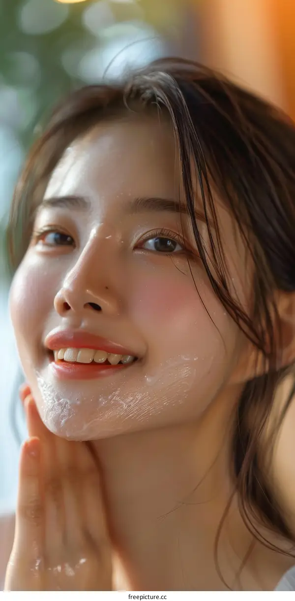 Asian Woman Washing Her Face Close-up Beauty