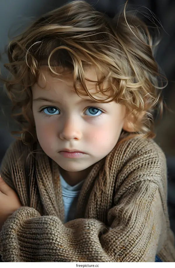 Portrait of a cute caucasian toddler boy with curly blond hair and blue eyes