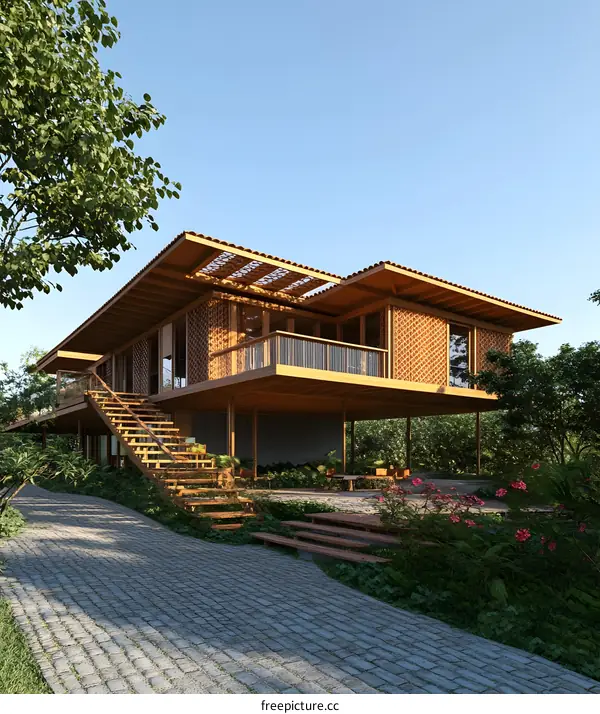Modern Wooden House with Balcony and Patio