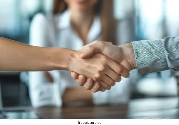 Business handshake. Businessman and businesswoman shaking hands in the office.