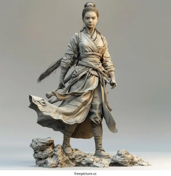 Asian Female Warrior Figurine in Traditional Attire