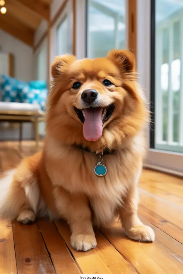 A smiling Pomeranian dog sitting on a wooden floor