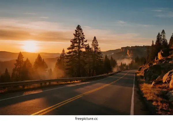 Beautiful sunrise over a winding road surrounded by pine trees