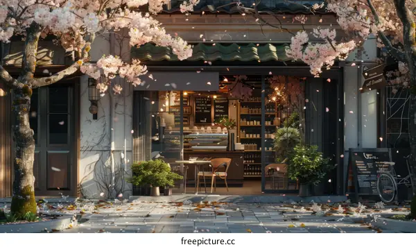 Beautiful Japanese cafe with cherry blossoms