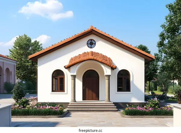 Small White Chapel with Brown Door and Red Tile Roof