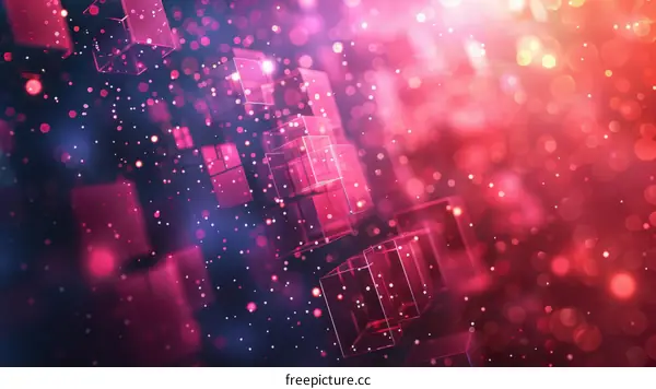 Pink and Purple Abstract Background with Glowing Cubes and Particles