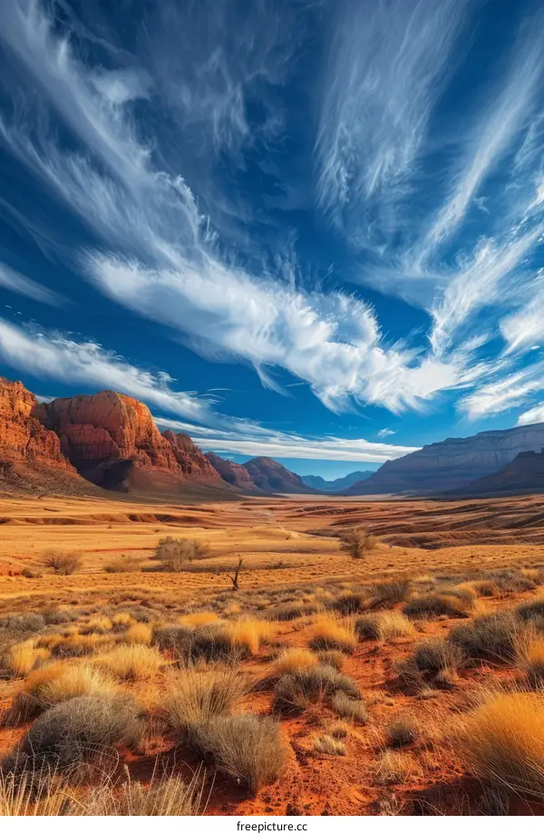 Arid desert landscape with blue sky and clouds