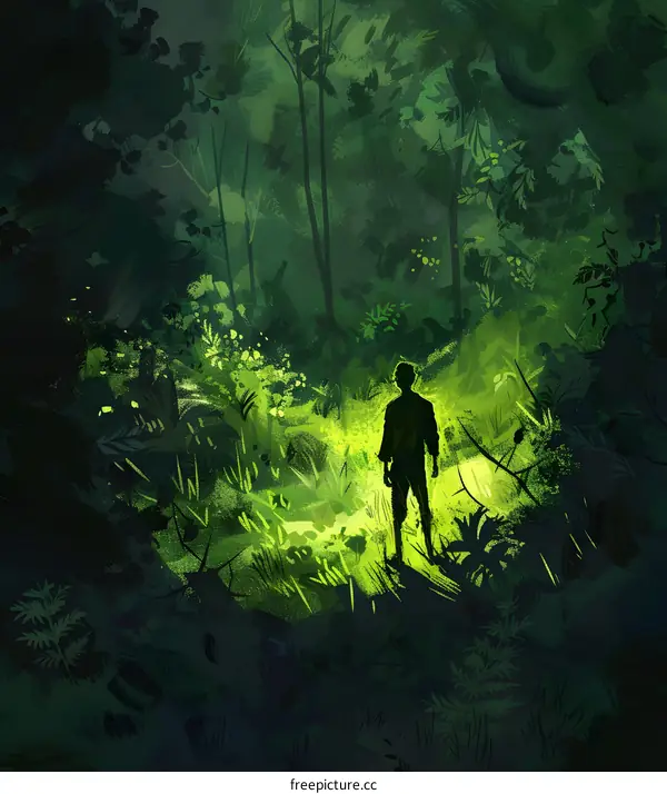 Silhouette of Man Standing in Green Forest