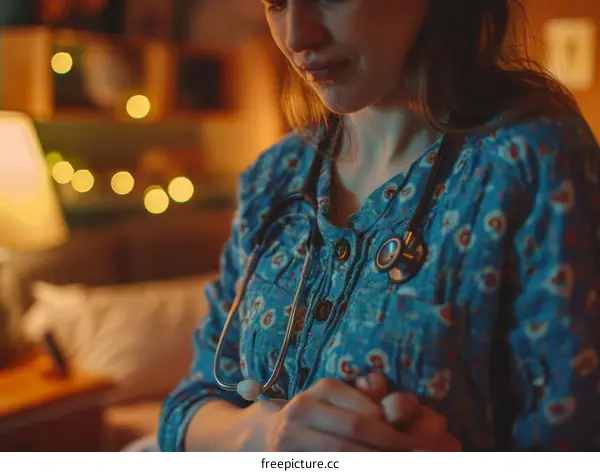 A thoughtful female doctor wearing a stethoscope around her neck