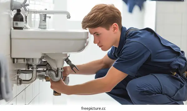 Young plumber fixing a sink in a bathroom
