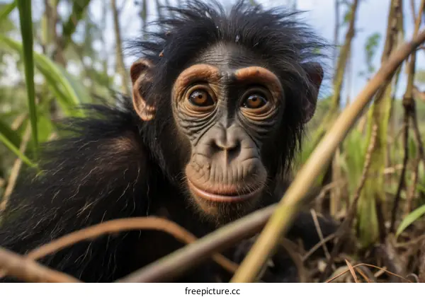 A baby chimpanzee peers out from behind a branch