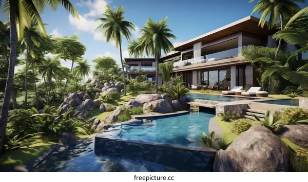 A stunning modern villa with a pool and tropical garden