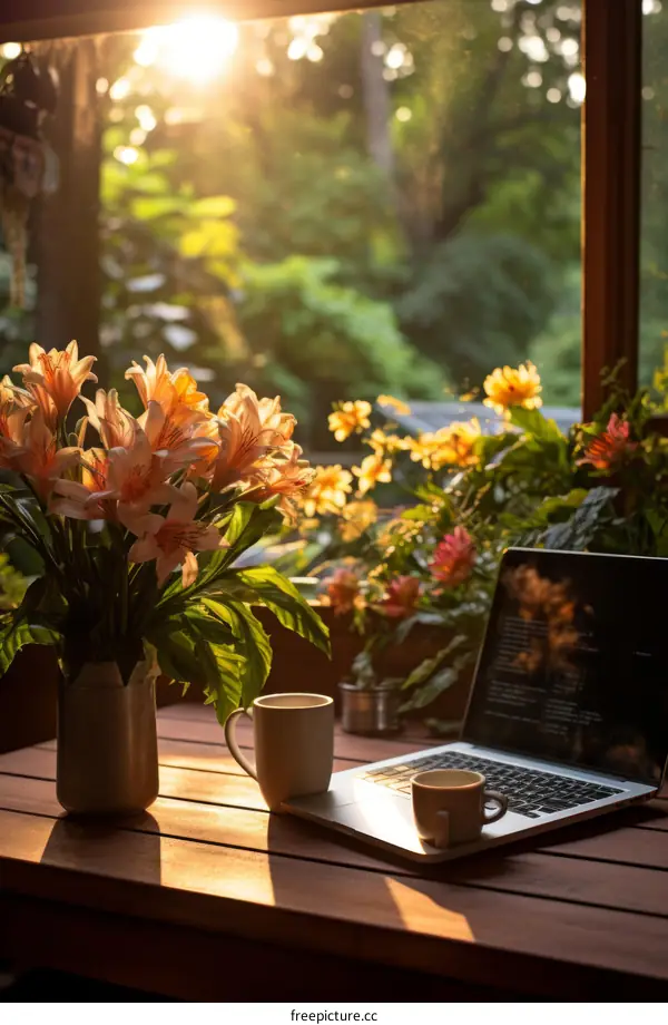 Still life with flowers and laptop