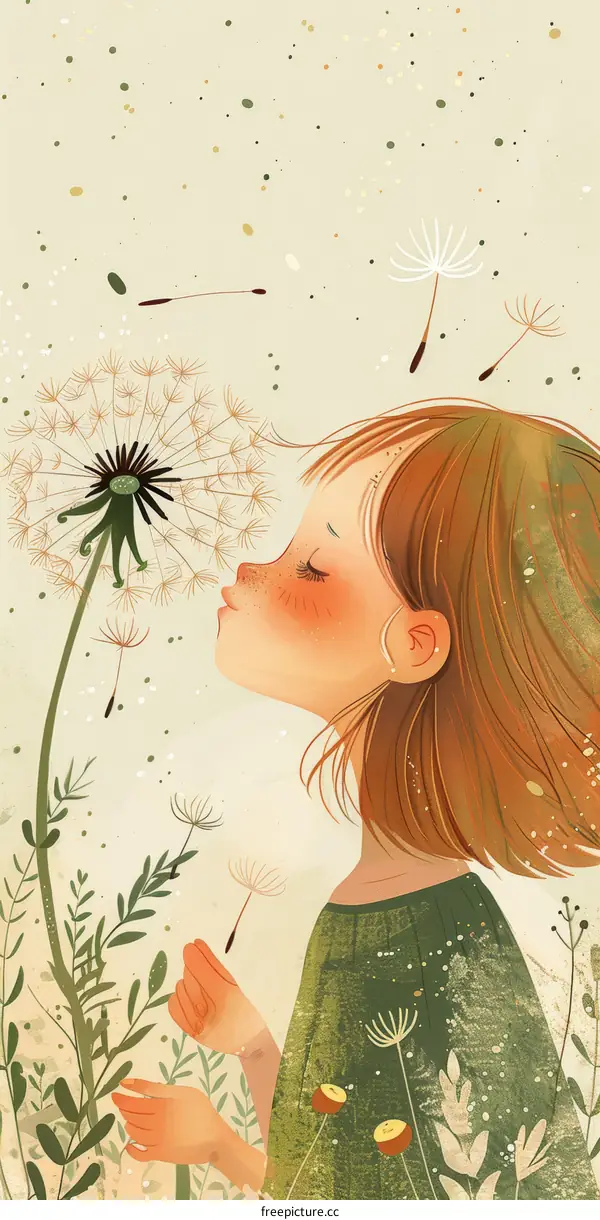 A Girl Blowing Dandelion Seeds in the Wind