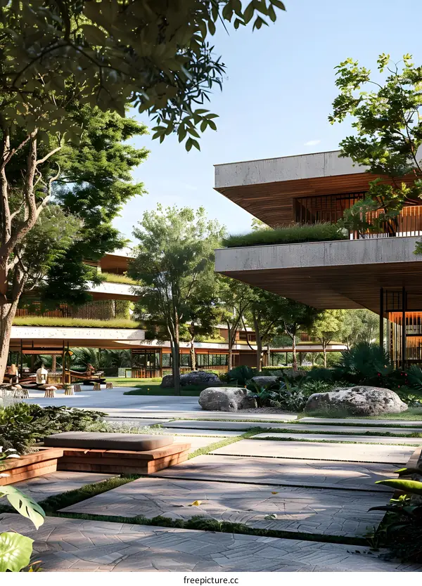 Modern Architecture with Green Roof and Patio Design