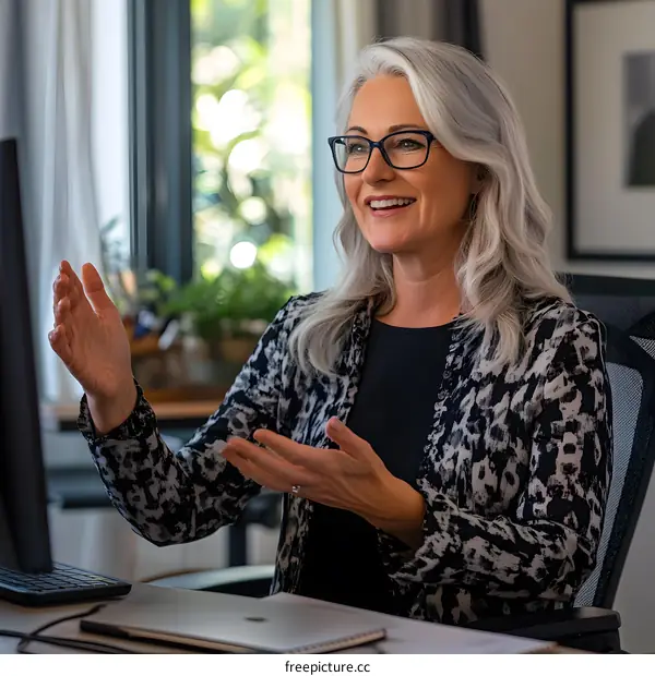 Smiling Woman Sitting at Desk Talking on a Video Call