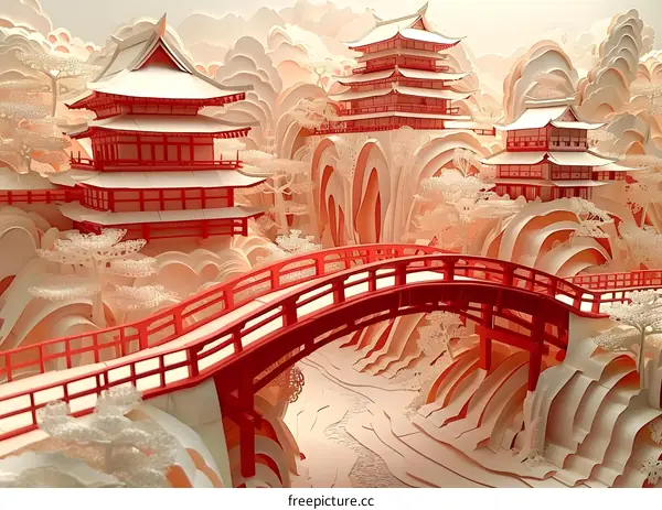 A paper cut illustration of a traditional Chinese landscape