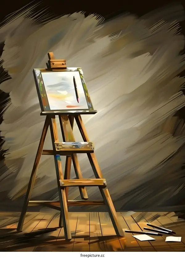 Easel Standing on Wooden Floor with Paint Brushes