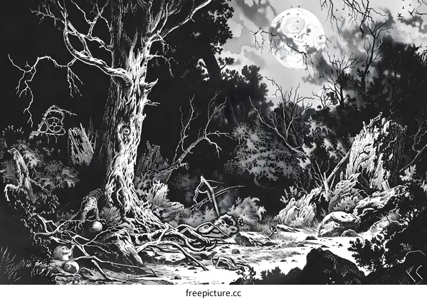 Black and White Illustration of a Forest at Night with a Full Moon