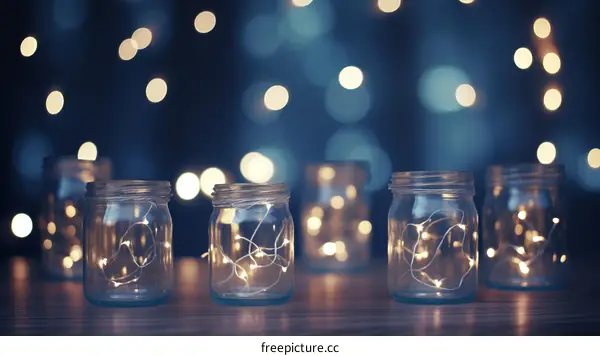 Glowing mason jars with fairy lights on wooden table with blurred background
